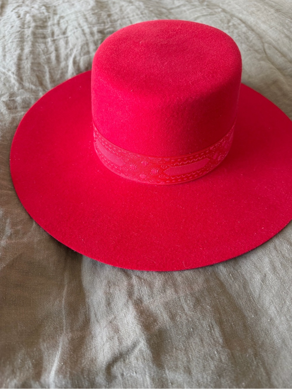 Lack Of Color Vibrant Red Wool Wide-Brim Hat with Decorative Band